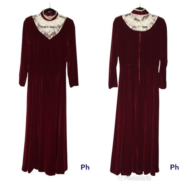 Vintage 60s 70s Victorian Velvet Maroon Maxi Dress, High Lace Neck, Steampunk - Picture 1 of 11